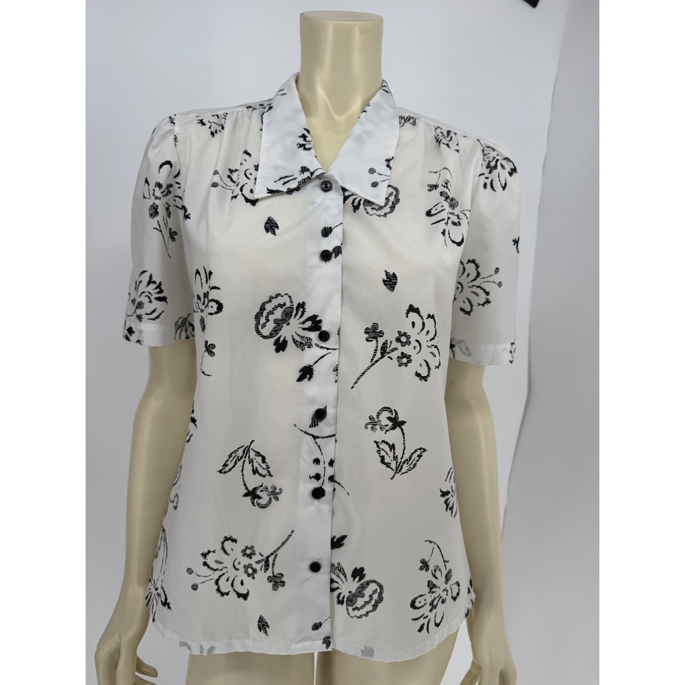 Vintage Judy‎ Bond 1970s Short Sleeve Top White with Black Floral Print Sz 12